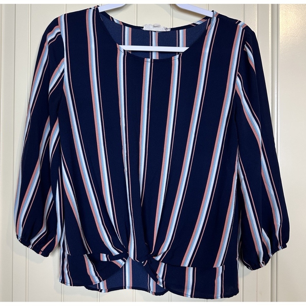 Pink Republic blue pink striped 3/4 sleeve twist‎ front blouse sz S GUC